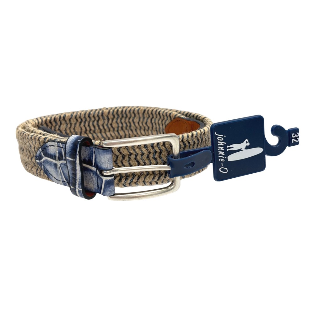 NEW Johnnie-O Mens Braided Jute Belt Malibu Blue Crocco Tip Size 32 NEW Beach